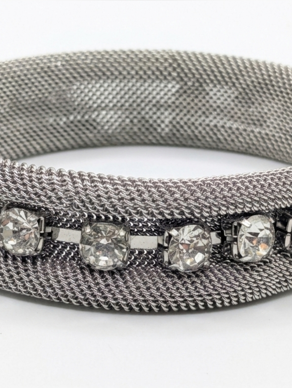 Vintage Silver Mesh Rhinestone Stretch Bangle Bracelet - Picture 2 of 2